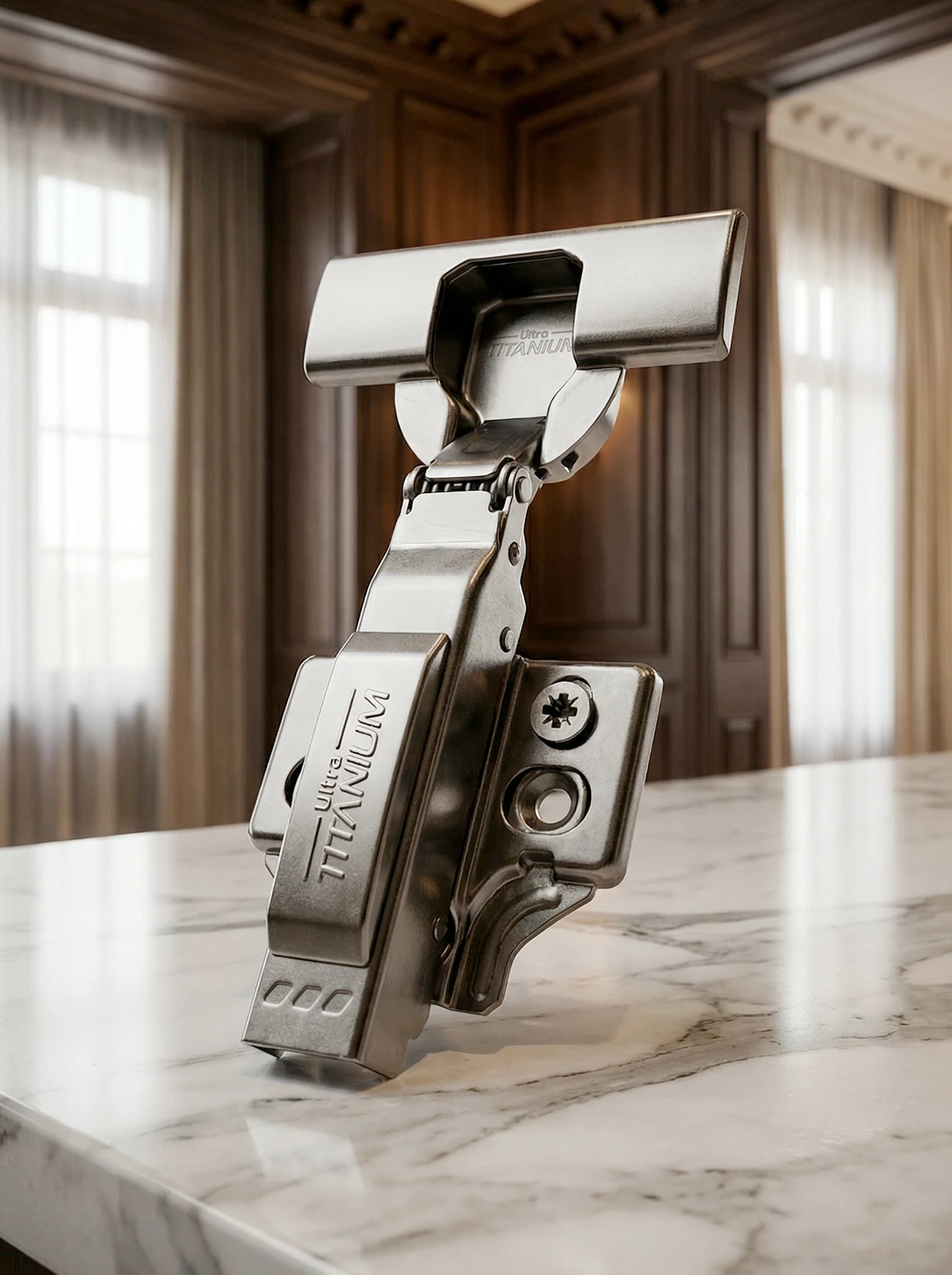 Ultra Titanium sobre bancada de mármore, com detalhes do revestimento